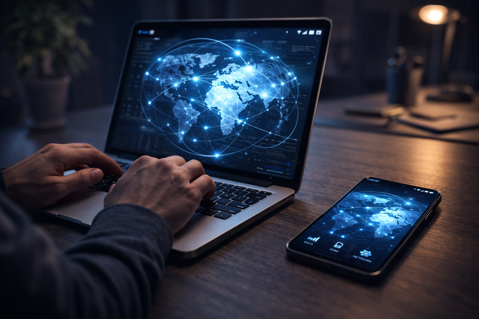 Digital nomad working on a laptop with smartphone displaying global network connectivity on a modern workspace desk