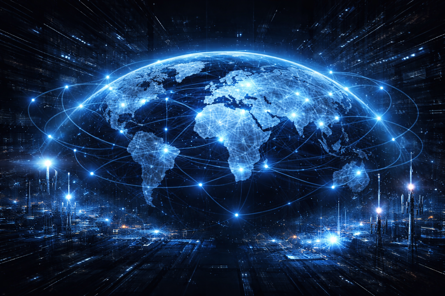 Glowing world map with connected signal nodes representing global telecom network infrastructure